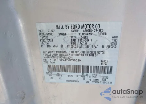 2007 Ford F-150 Stx/Xl/Xlt z USA, uszkodzony, nr VIN 1FTRF12247KC36529